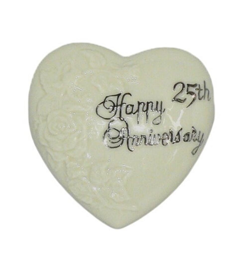 Heart-Shaped Porcelain Happy 25th Anniversary Trinket Box Rose Embossed Design